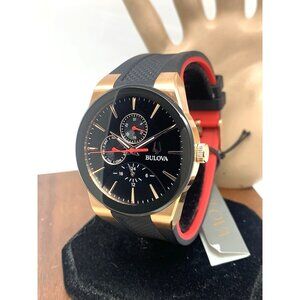 Bulova Men's Watch 97C112 Futuro Quartz Rose Gold Black Red Rubber Strap 41mm